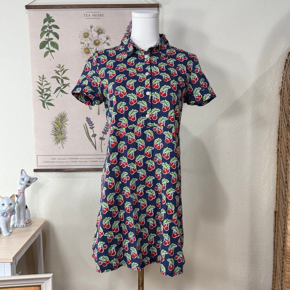Polka Dot Cherry Print Mini Shirt Dress Mod Retro 70s Rockabilly Whimsy Twee XS